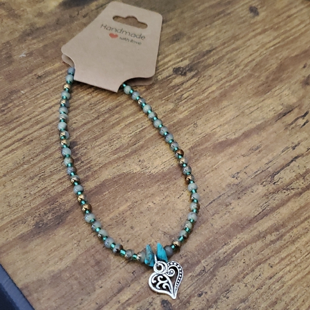 Artisan Turquoise and Gold Heart Anklette.